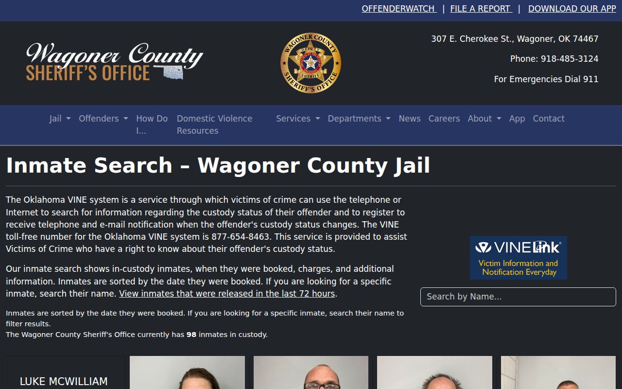 Wagoner County current custody and booking-record search interface