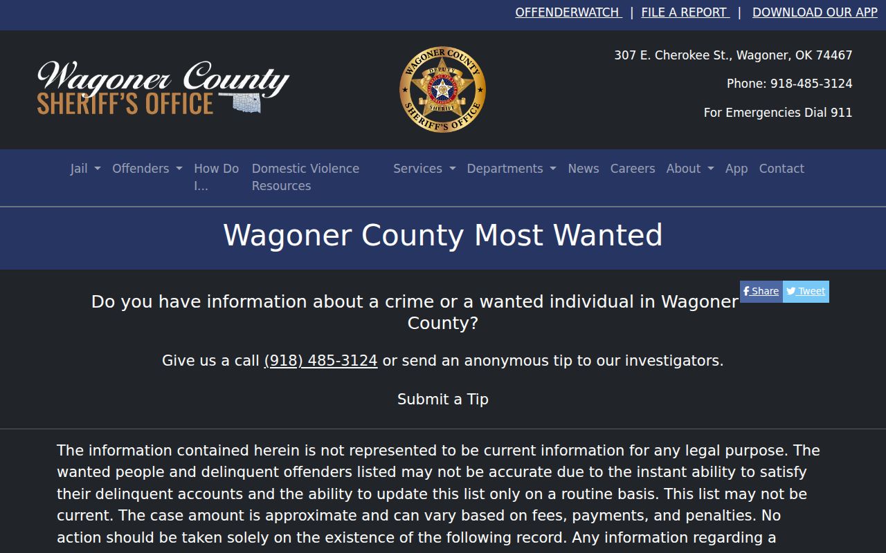 Wagoner County wanted-record interface on the WCSO most-wanted page